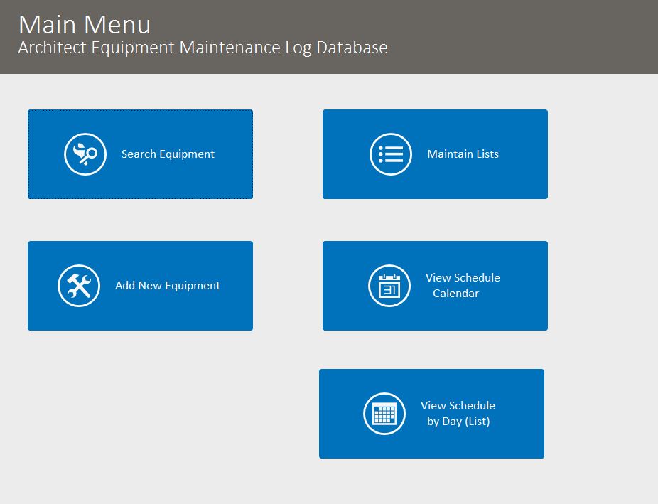 Architect Equipment Maintenance Log Tracking Database Template | Equipment Database