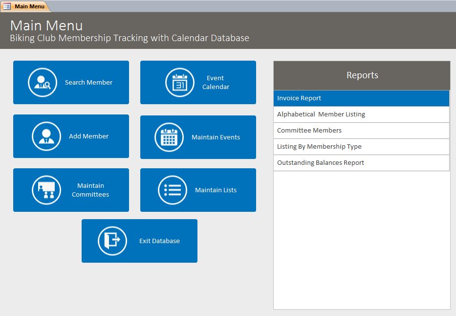 Biking Club Membership Tracking Database With Calendar | Membership Database