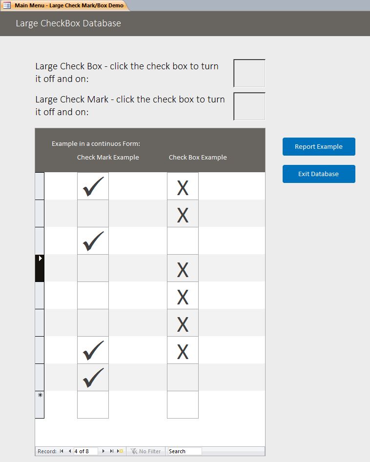 Microsoft Access Custom Large Check Box Mark Database System