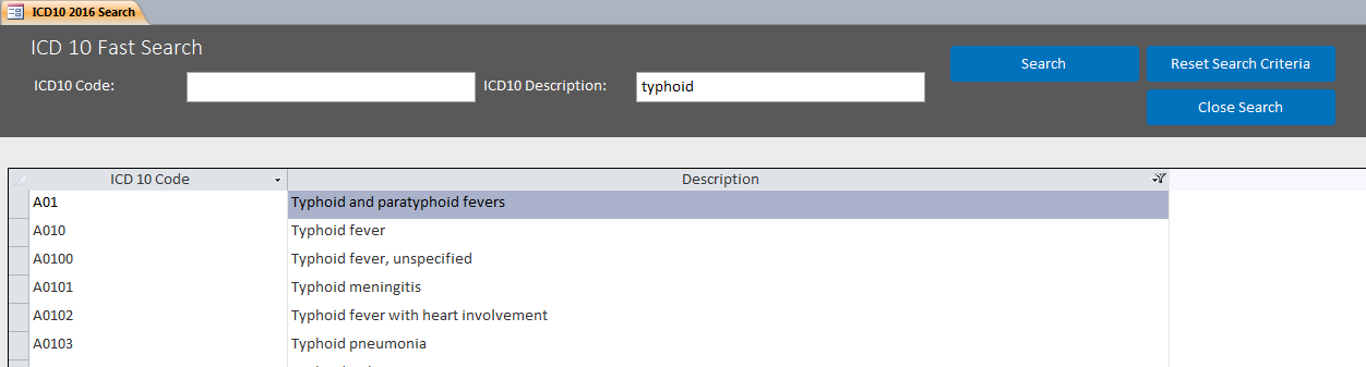 ICD10 Search Template | Search Database