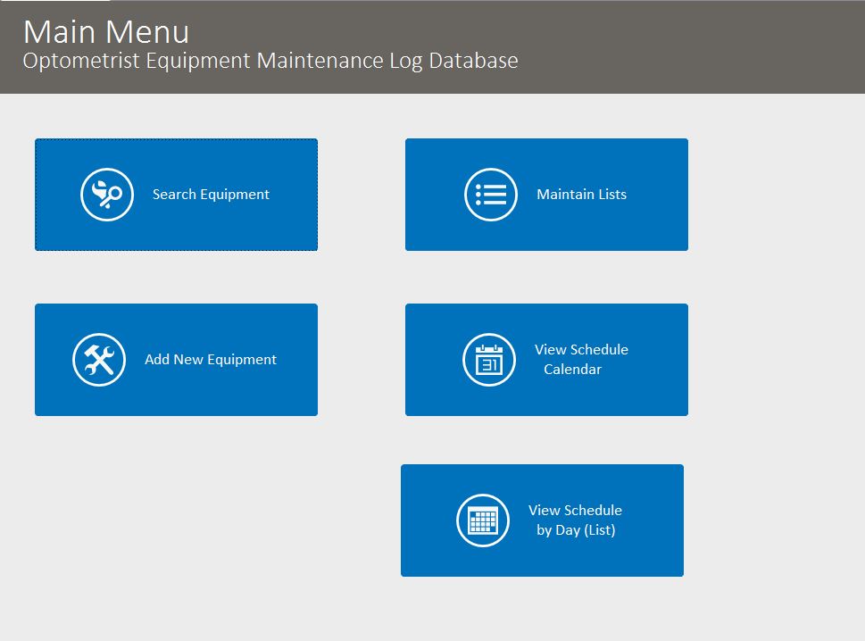 Optometrist Equipment Maintenance Log Tracking Template | Equipment Database